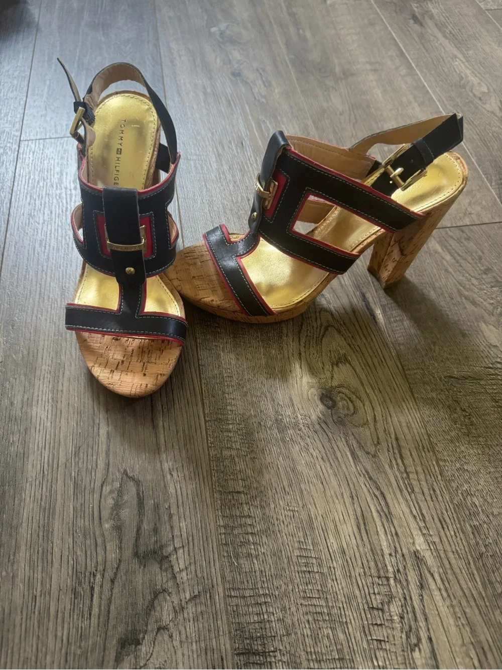 Tommy Hilfiger Black and Red Cork Wedge Sandals with Gold Hardware